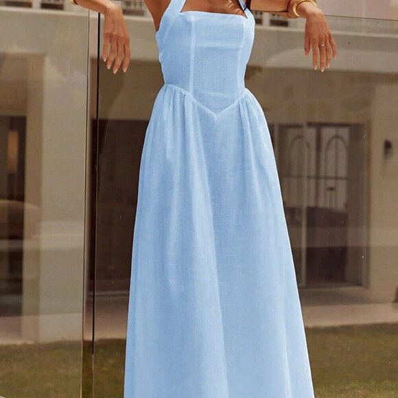 Blue Casual Women's Vacation Hanging Neck Elegant Long Dress - Picture 8 of 11